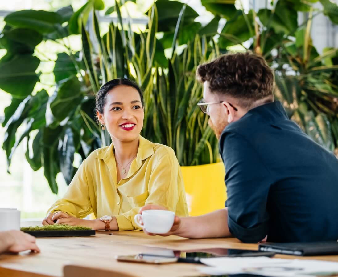 man and woman talking